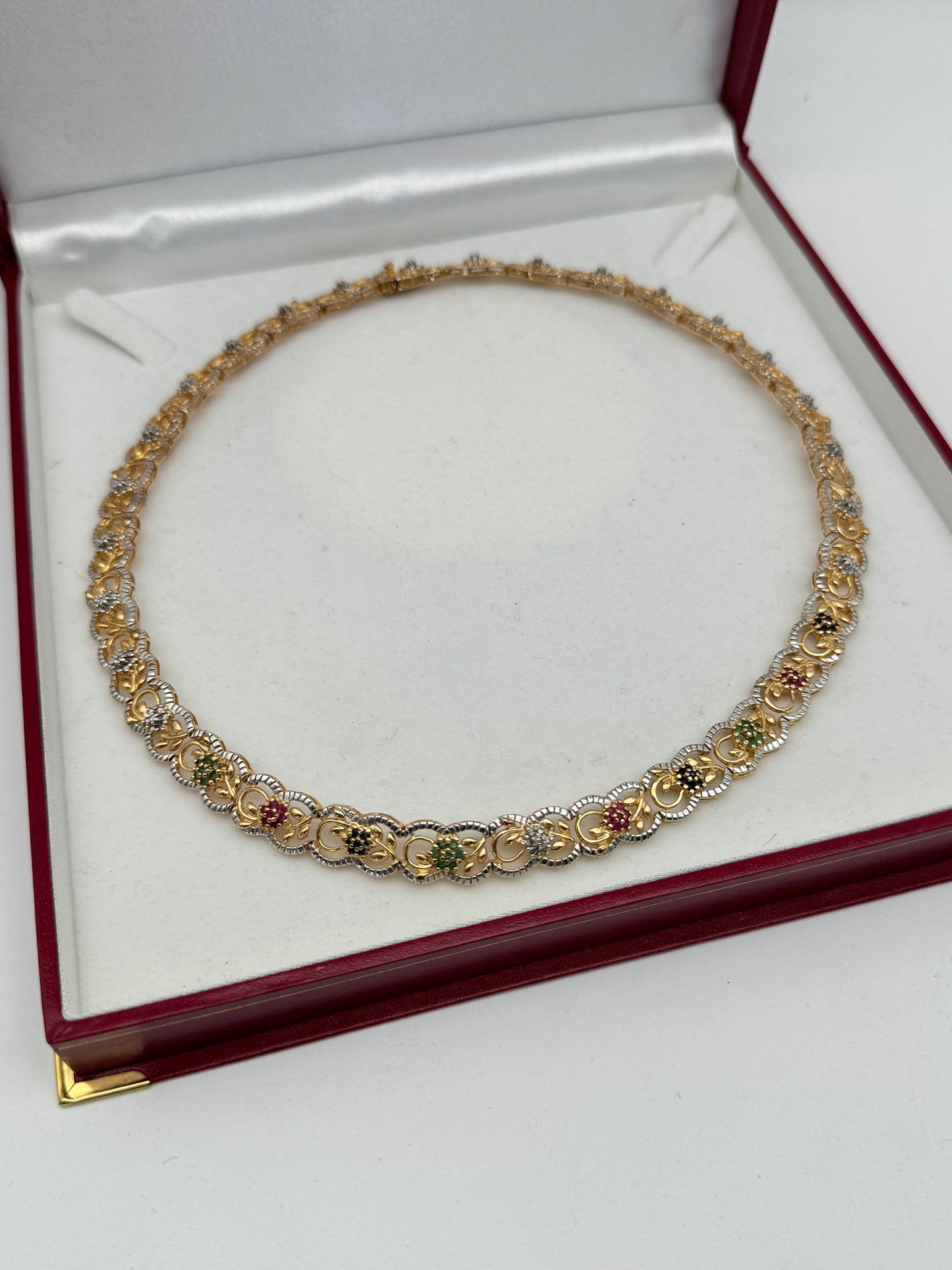 Yellow Gold Plate 925 Sterling Silver Multi Stone Flower Collar Necklace