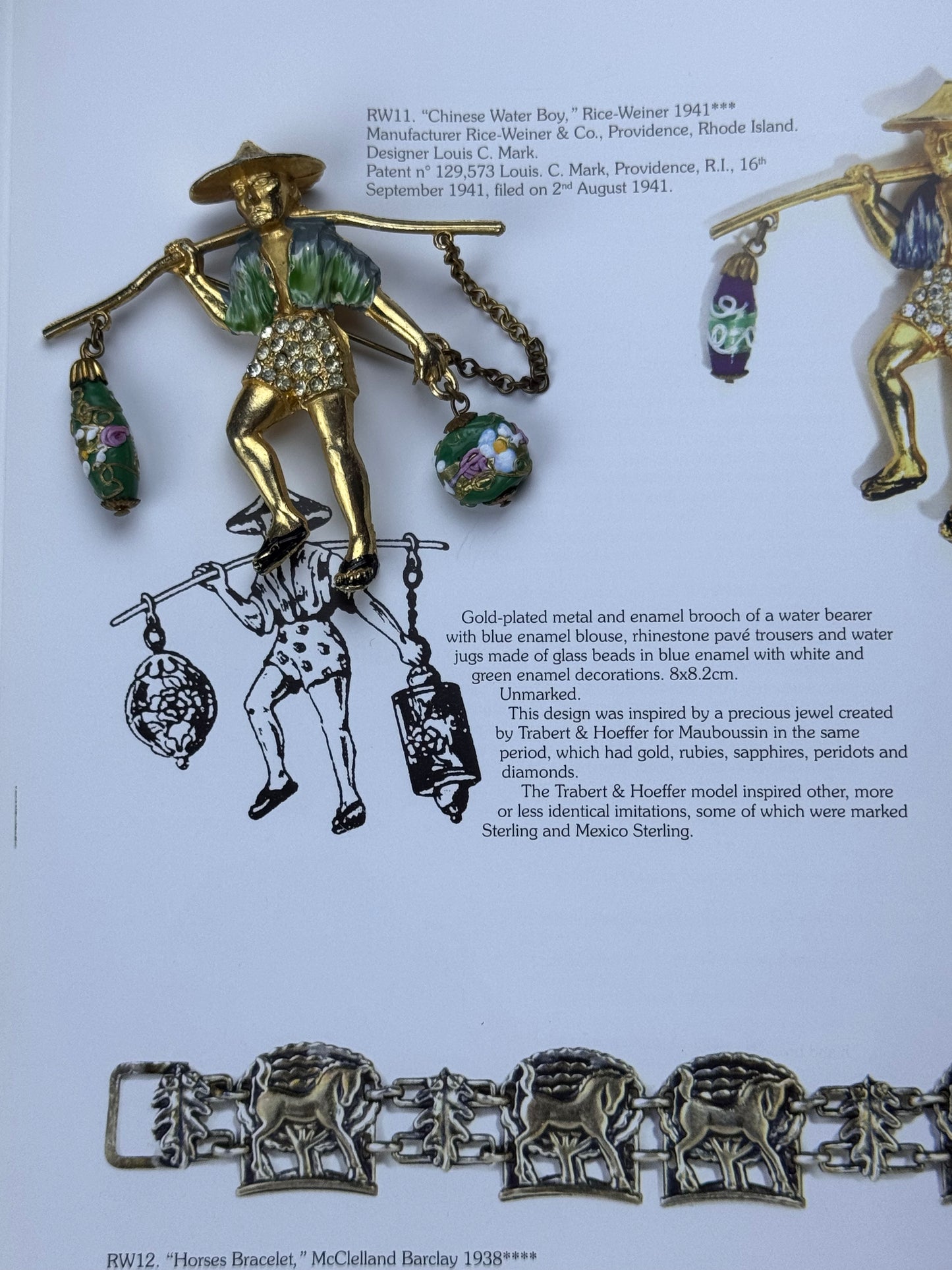 Goldtone Chinese Water Boy Glass Dangle Beads Brooch Pin Unsigned RICE-WEINER & Co BOOK PIECE