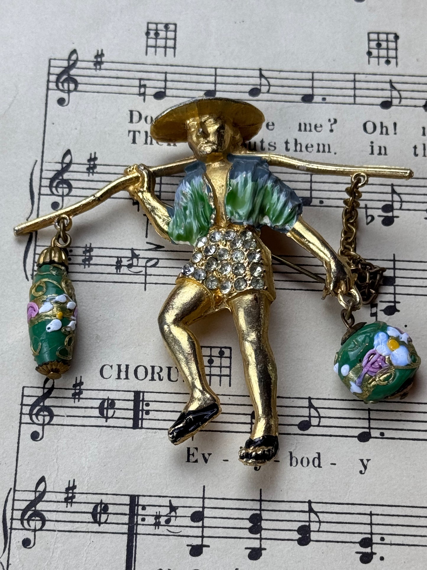 Goldtone Chinese Water Boy Glass Dangle Beads Brooch Pin Unsigned RICE-WEINER & Co BOOK PIECE