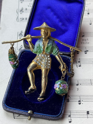 Goldtone Chinese Water Boy Glass Dangle Beads Brooch Pin Unsigned RICE-WEINER & Co BOOK PIECE
