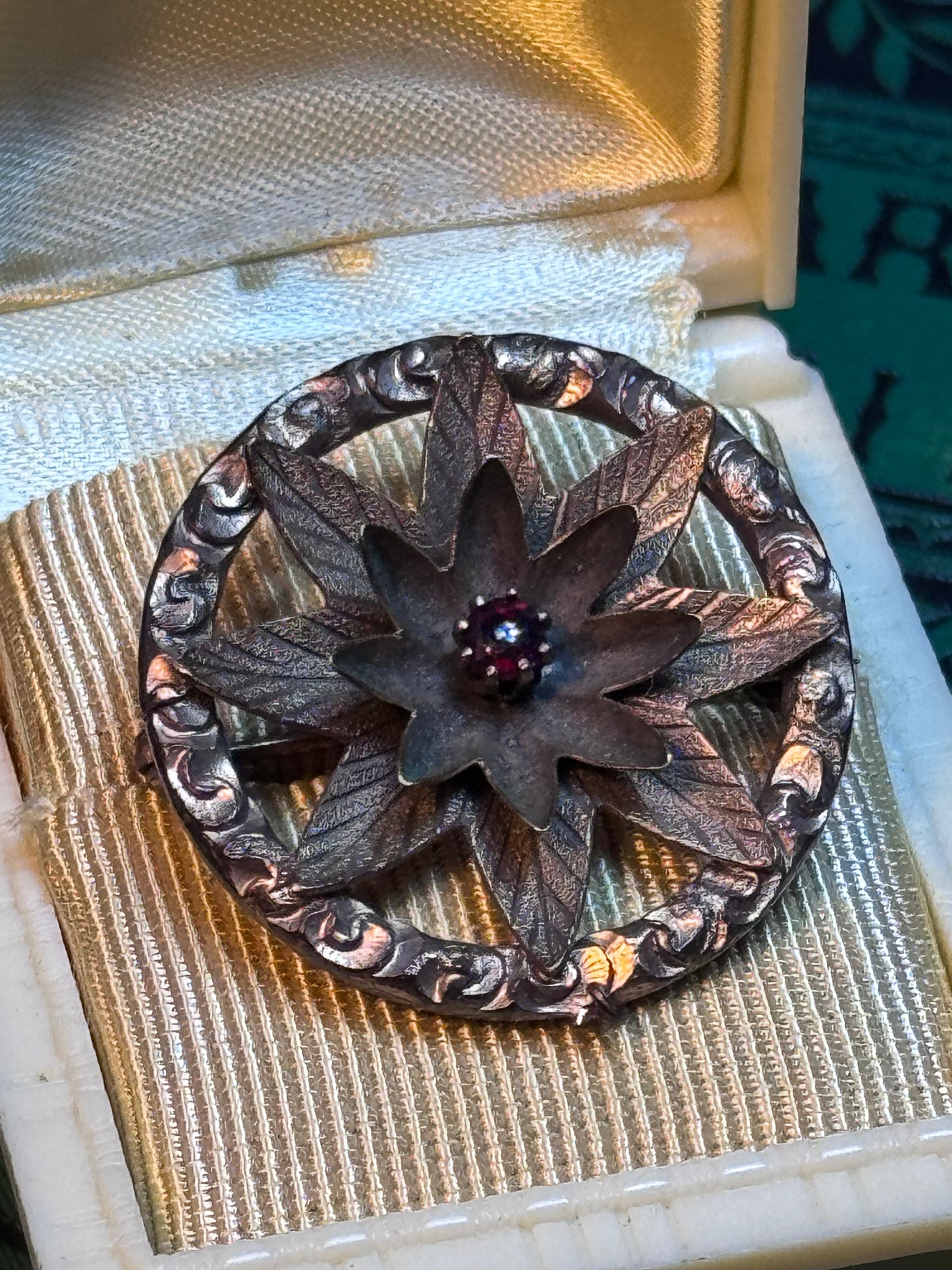 Antique Edwardian Floral Brooch Rotating Petals Red Paste Center Copper Tone Pin