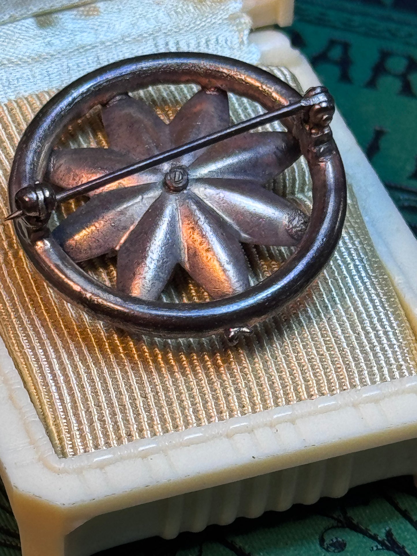 Antique Edwardian Floral Brooch Rotating Petals Red Paste Center Copper Tone Pin