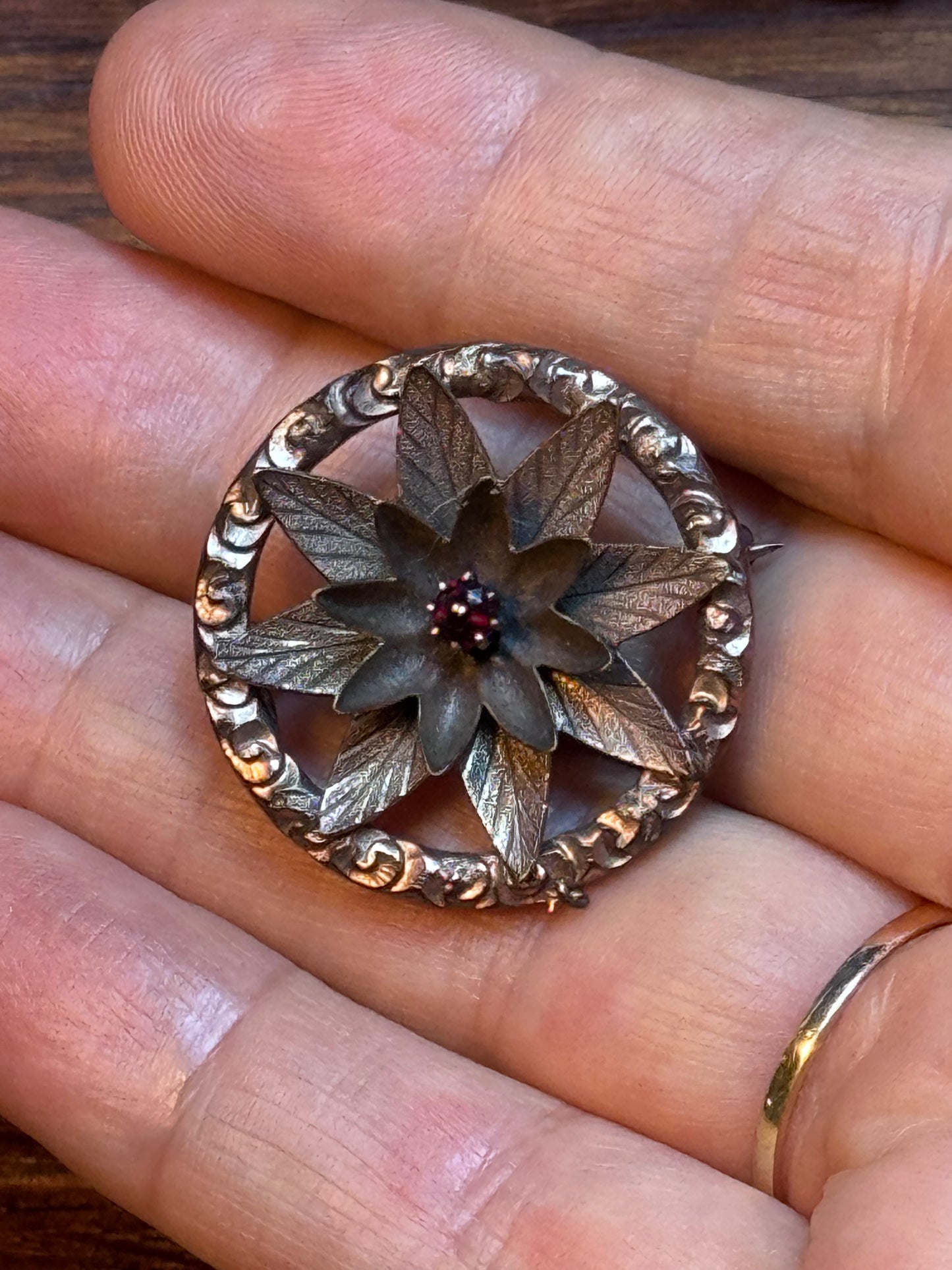 Antique Edwardian Floral Brooch Rotating Petals Red Paste Center Copper Tone Pin