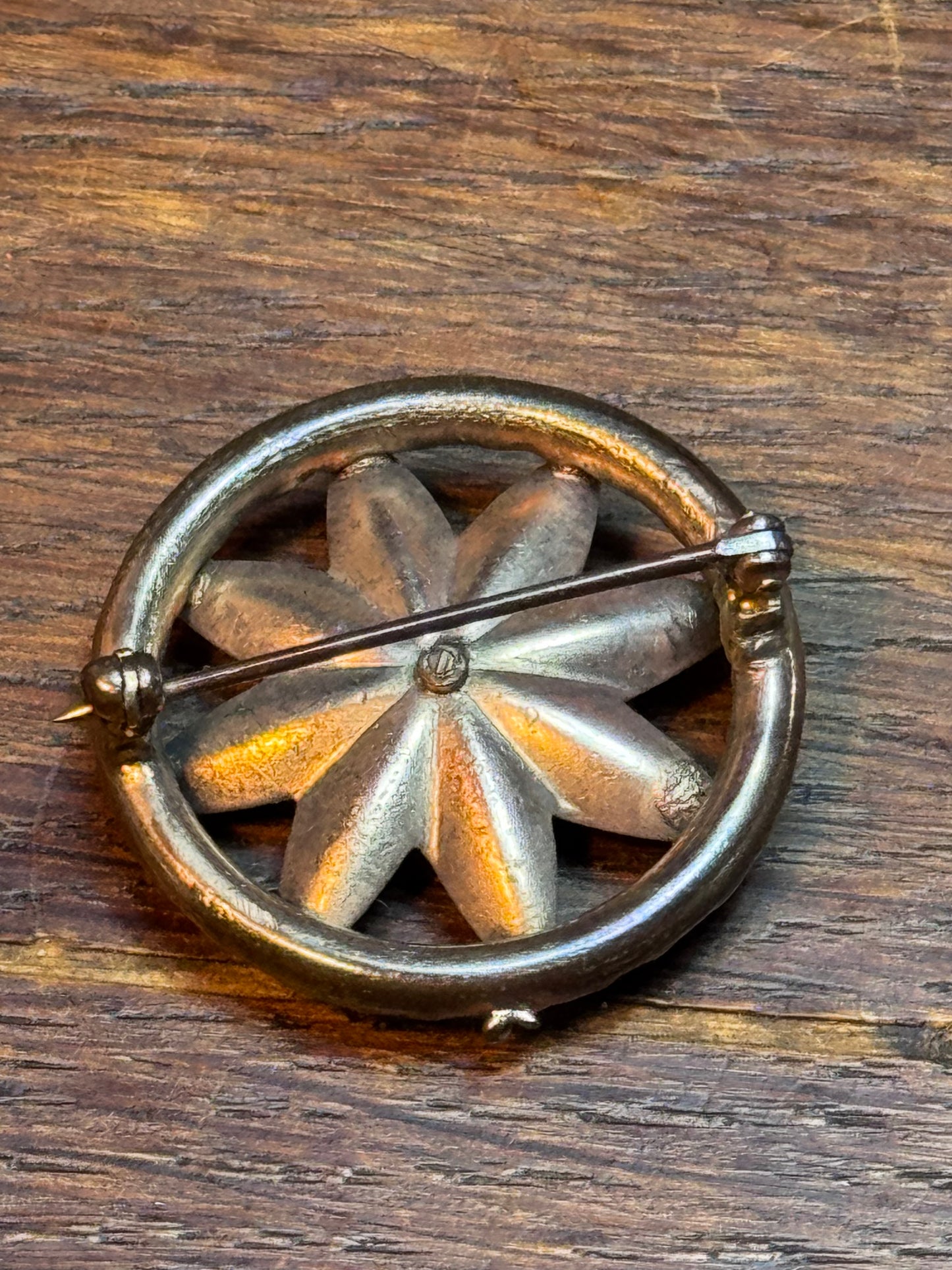 Antique Edwardian Floral Brooch Rotating Petals Red Paste Center Copper Tone Pin