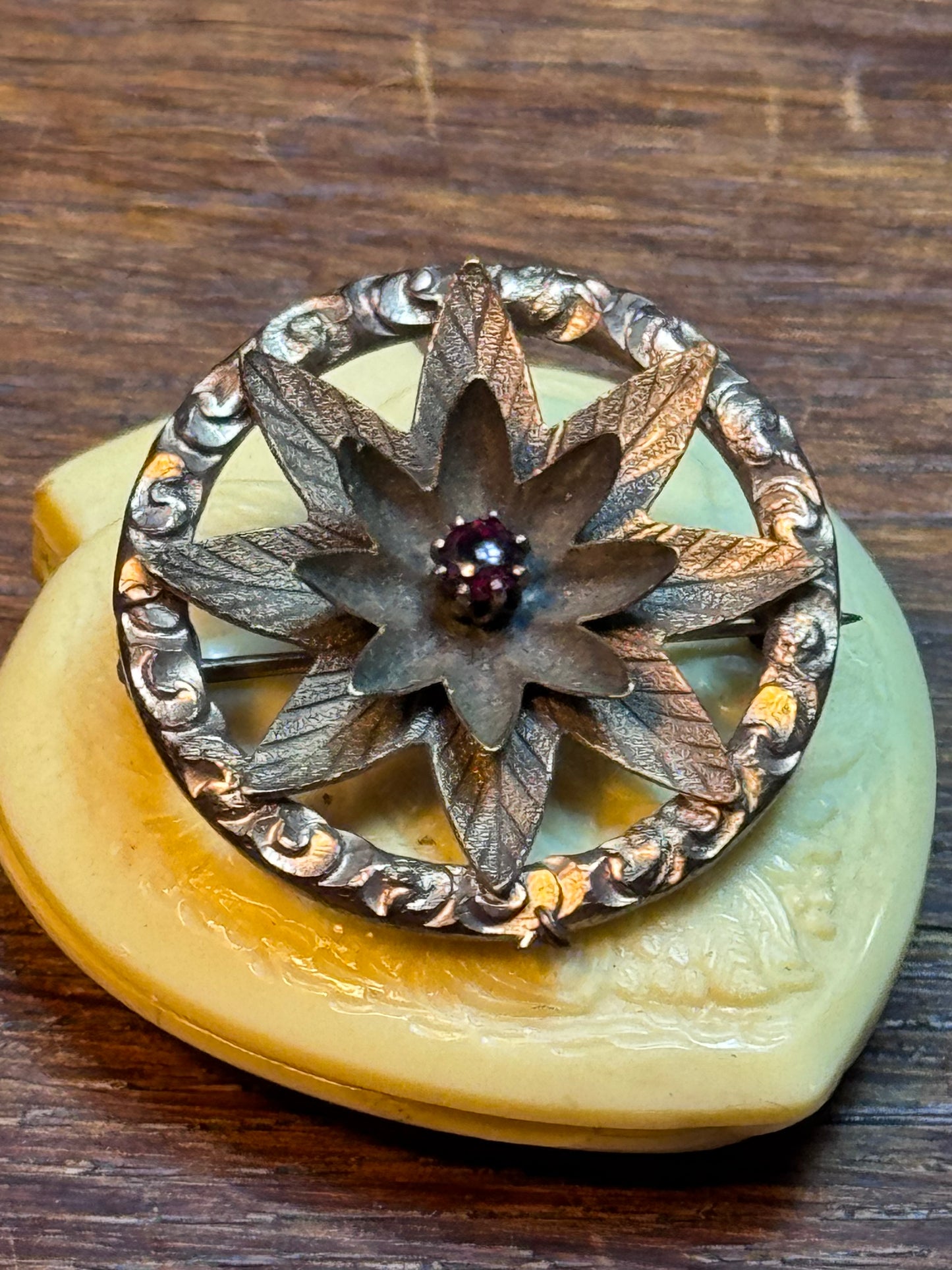 Antique Edwardian Floral Brooch Rotating Petals Red Paste Center Copper Tone Pin