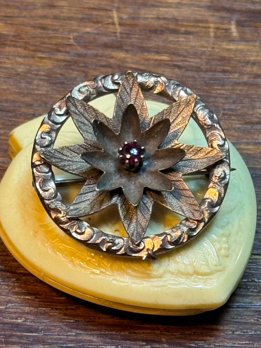 Antique Edwardian Floral Brooch Rotating Petals Red Paste Center Copper Tone Pin