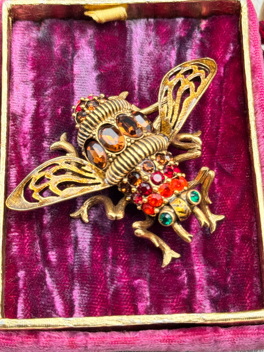 Joan Rivers Signed Rhinestone Bee Brooch Goldtone Red Amber Green Crystal 2.4”
