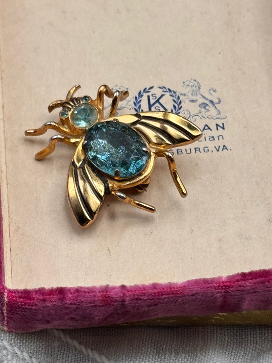 Vintage Coro Pegasus Bee Brooch Goldtone Blue Glass Cabochon 1.25”