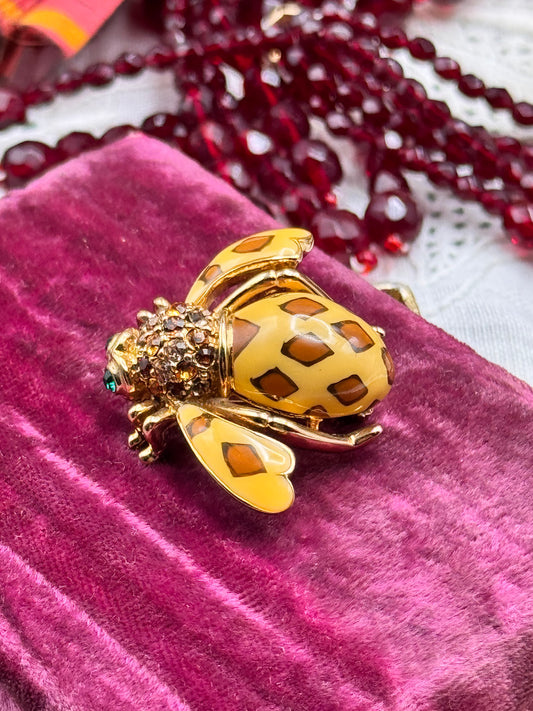 Joan Rivers Bee Brooch Goldtone Yellow Enamel Rhinestone Body Green Eyes 1.5”