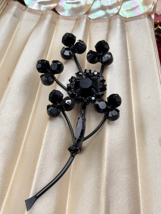 Spray Brooch Black Rhinestone Jet Glass Flower Branch Statement 3.50”