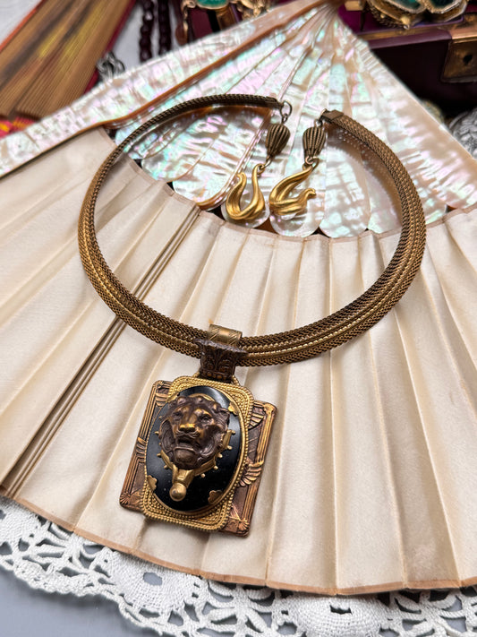 Egyptian Revival Lion Necklace Mesh Collar Statement Pendant 16.75”