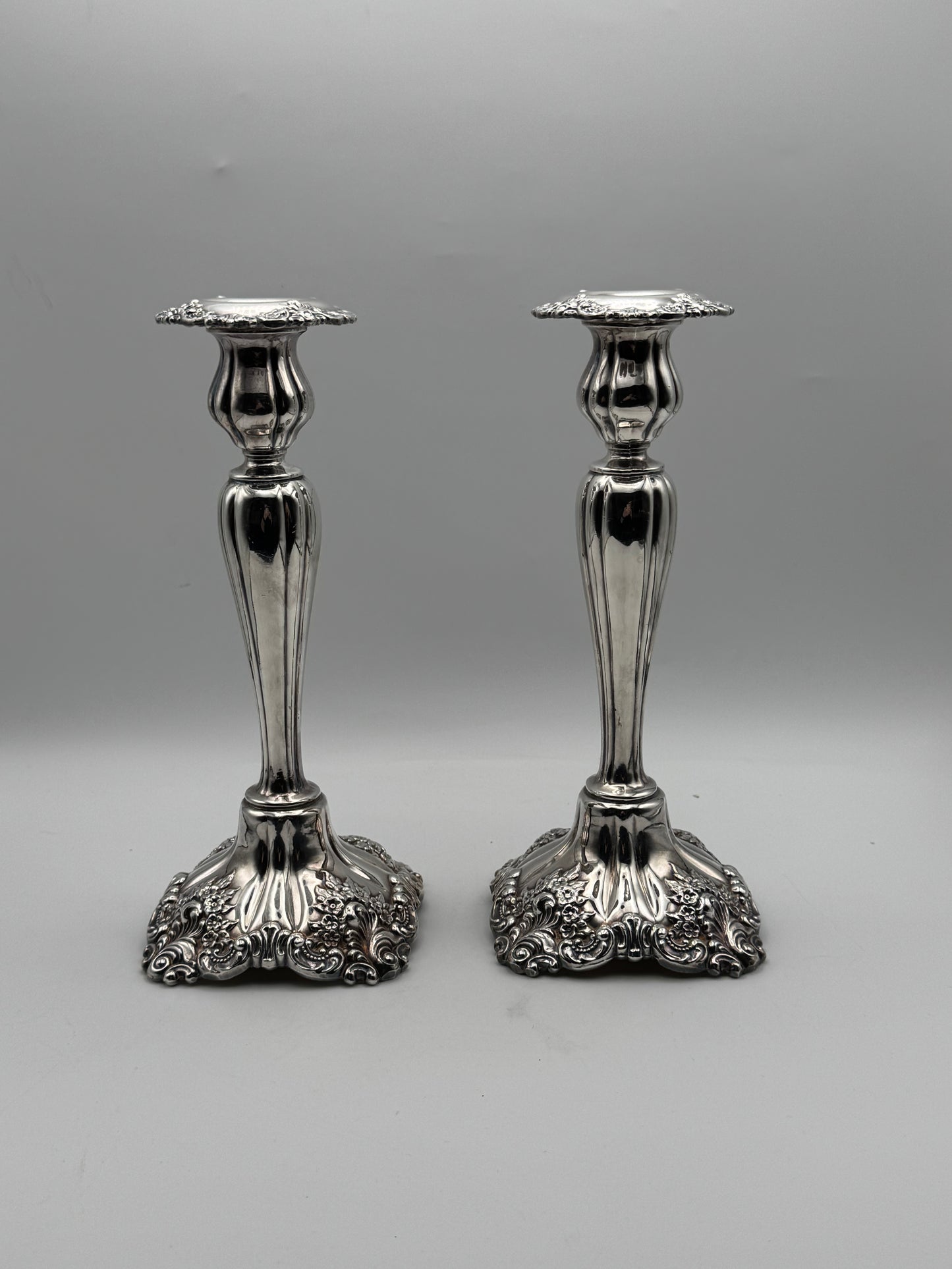 Pair Wallace Silverplate Candlesticks 10” Ornate Baroque Vintage OLD Substantial QUALITY