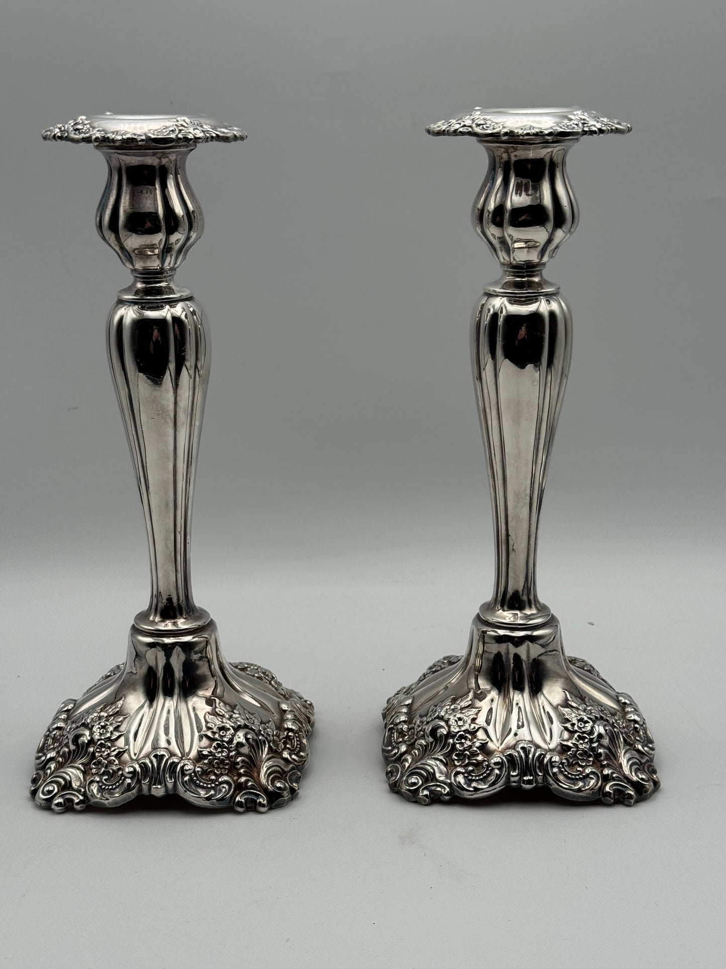Pair Wallace Silverplate Candlesticks 10” Ornate Baroque Vintage OLD Substantial QUALITY