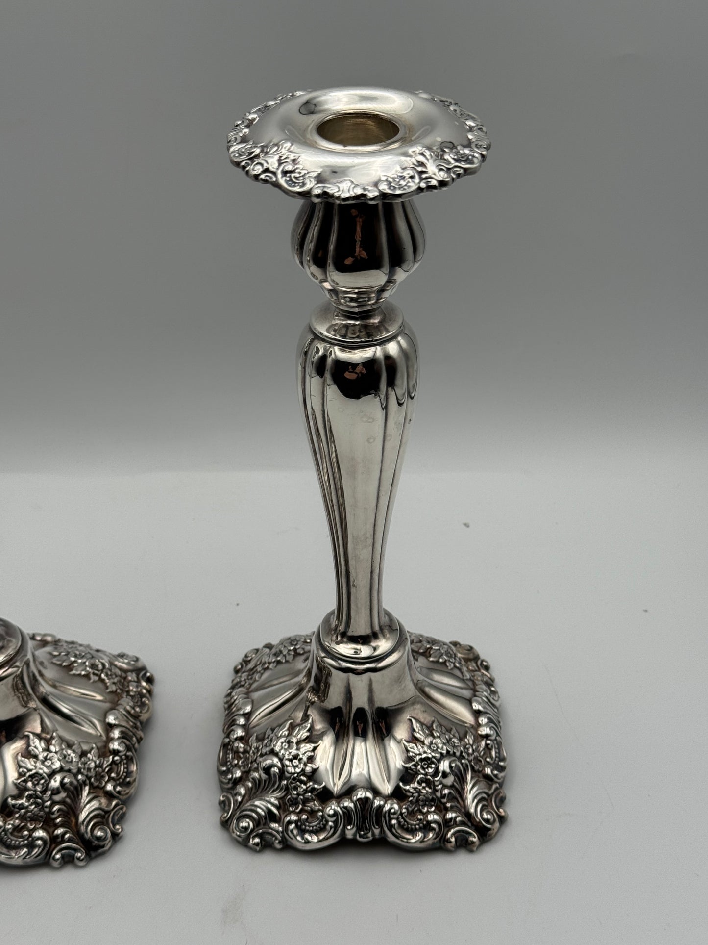 Pair Wallace Silverplate Candlesticks 10” Ornate Baroque Vintage OLD Substantial QUALITY