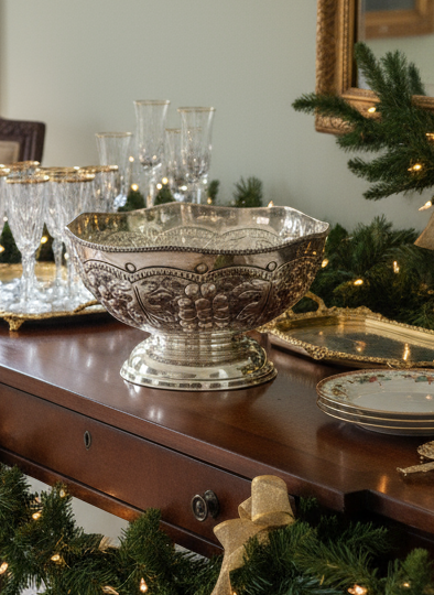 Silverplate Repousse “Punch Bowl” 12” Serpentine Edge Vintage Centerpiece