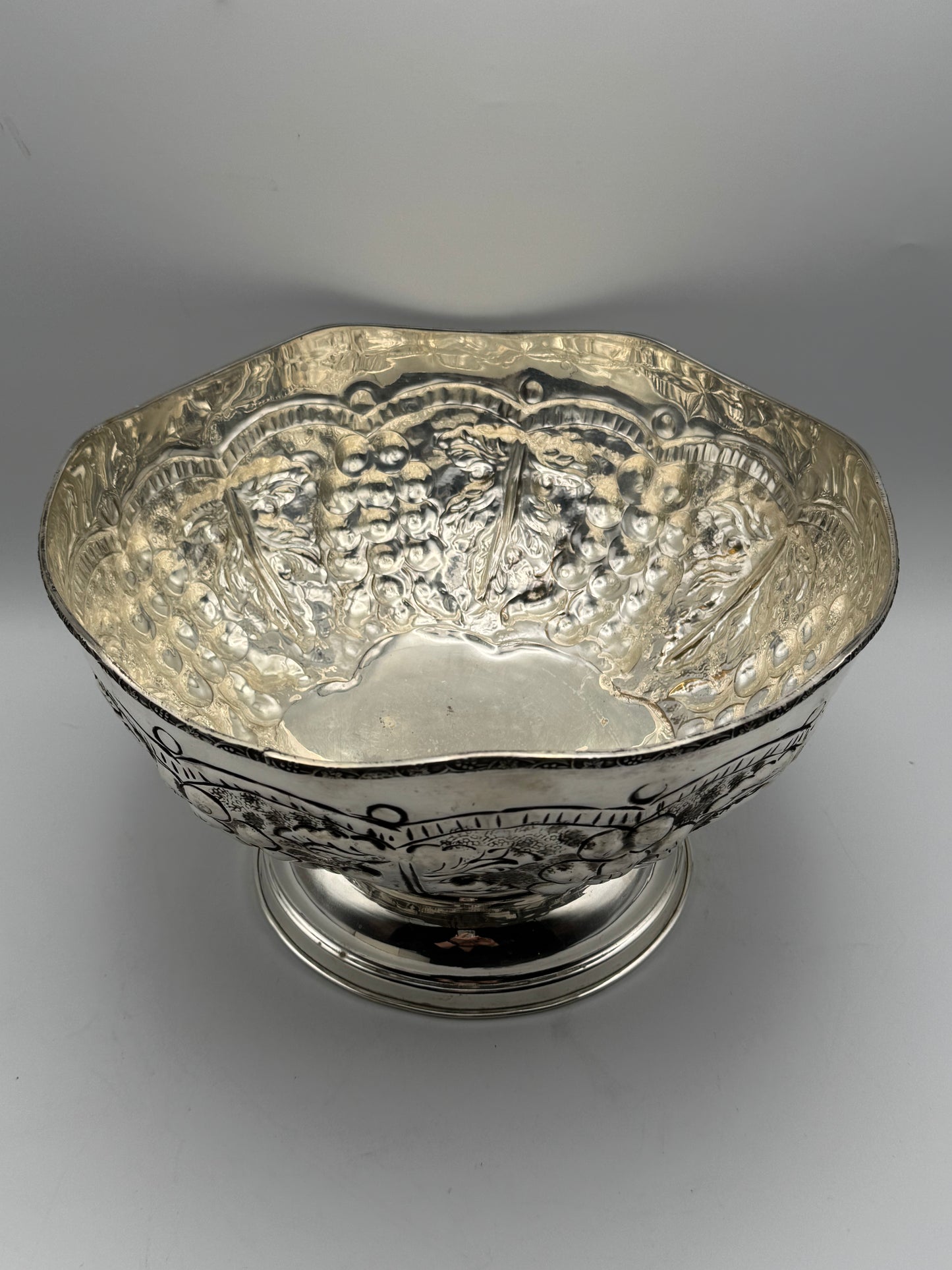 Silverplate Repousse “Punch Bowl” 12” Serpentine Edge Vintage Centerpiece