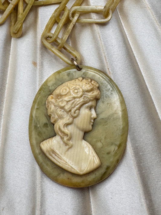 Celluloid Cameo Necklace 26” Chain Vintage Cream Green Pendant 1.75”