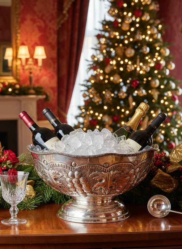 Silverplate Repousse “Punch Bowl” 12” Serpentine Edge Vintage Centerpiece