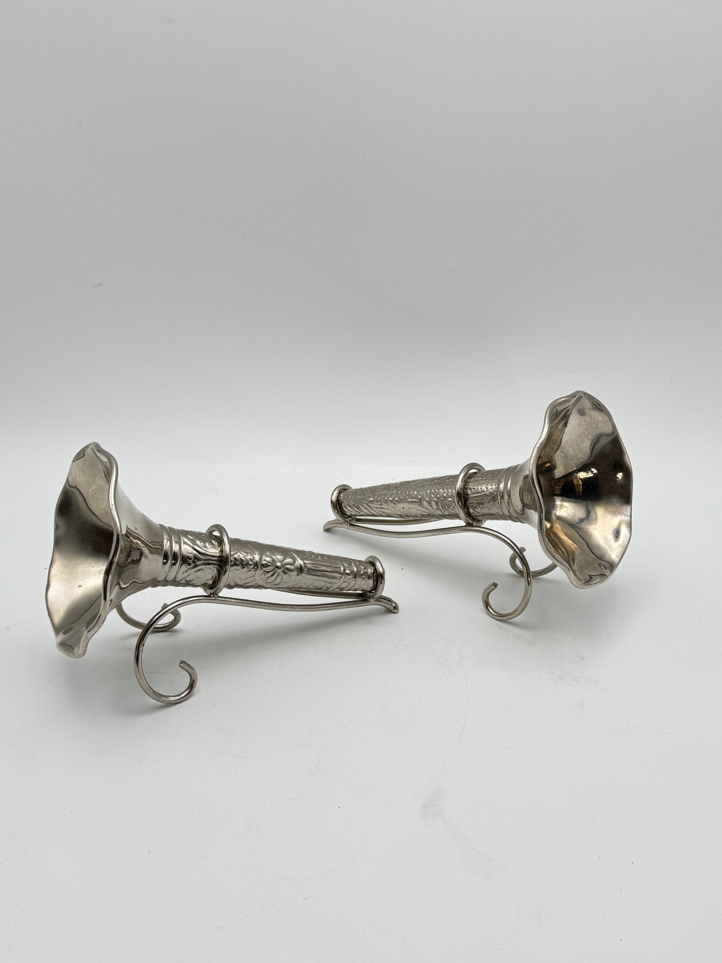 Silverplate Tussie Mussie Pair Edwardian Style with Stands Bud Vases