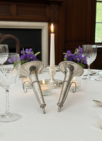 Silverplate Tussie Mussie Pair Edwardian Style with Stands Bud Vases