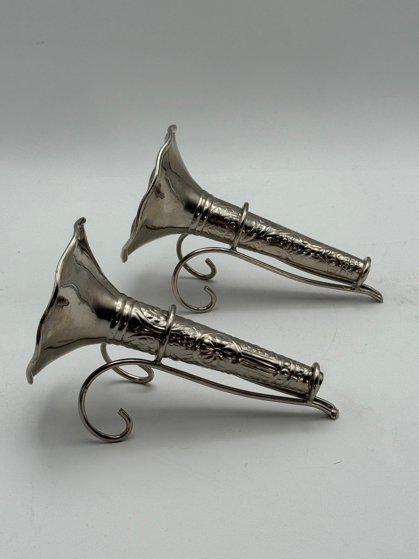 Silverplate Tussie Mussie Pair Edwardian Style with Stands Bud Vases