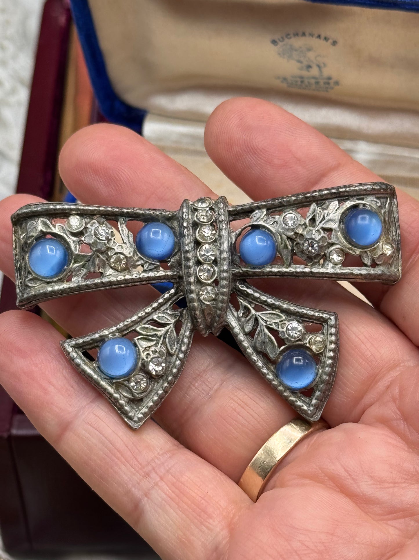 Vintage Brooch Bow Silvertone Blue Cabochon & Rhinestone SIGNED Goldman