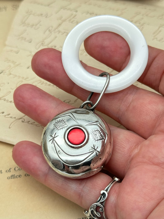 VINTAGE TOWLE Sterling Silver Rattle Teething Ring FAUX MOP Red Nose Clown Face