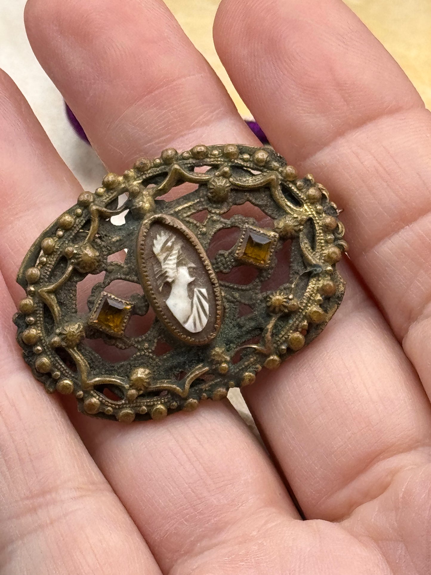 Vintage Cameo Brooch Filigree Brown Rhinestone Victorian Style Goldtone 1.6”