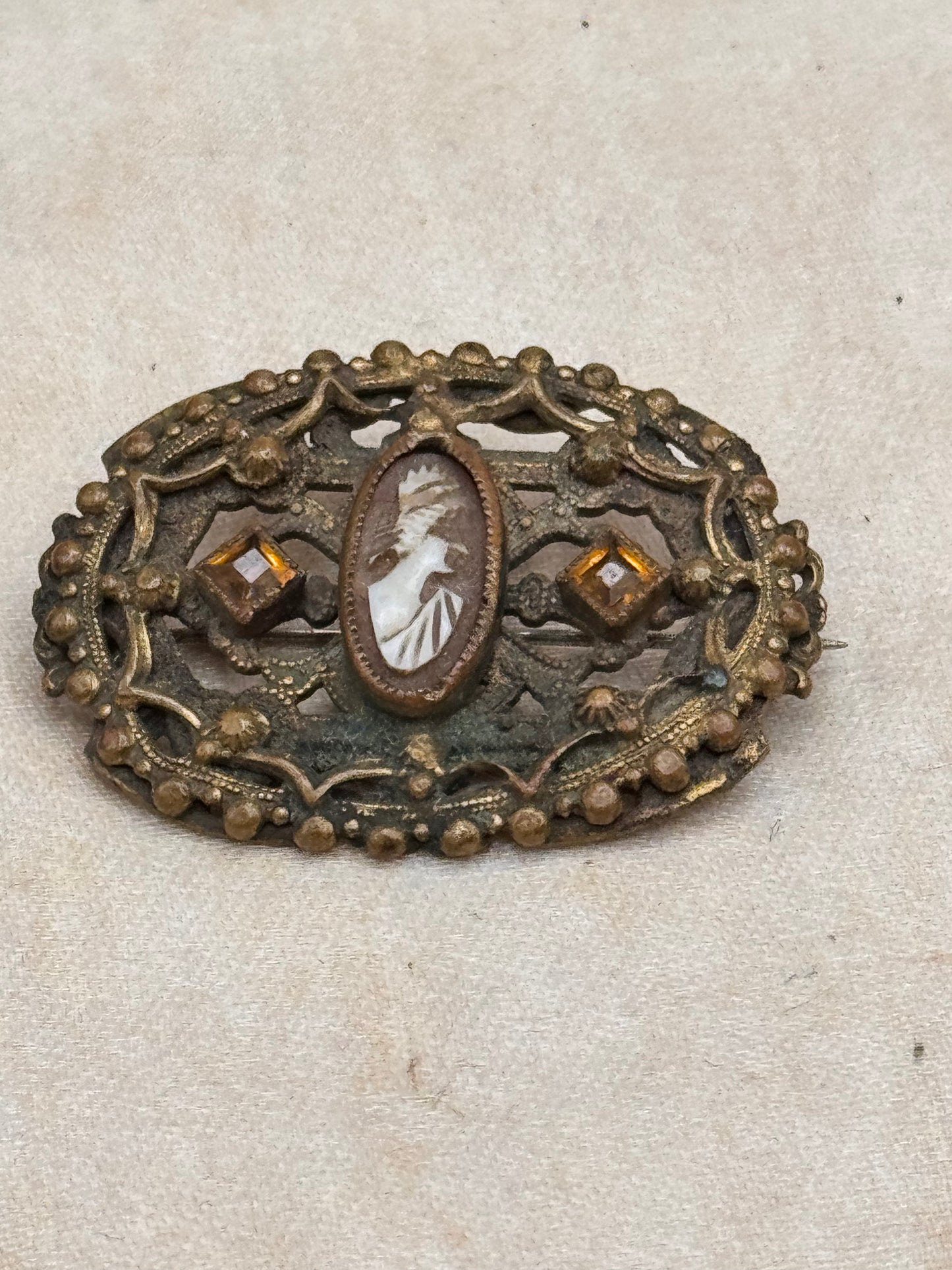 Vintage Cameo Brooch Filigree Brown Rhinestone Victorian Style Goldtone 1.6”