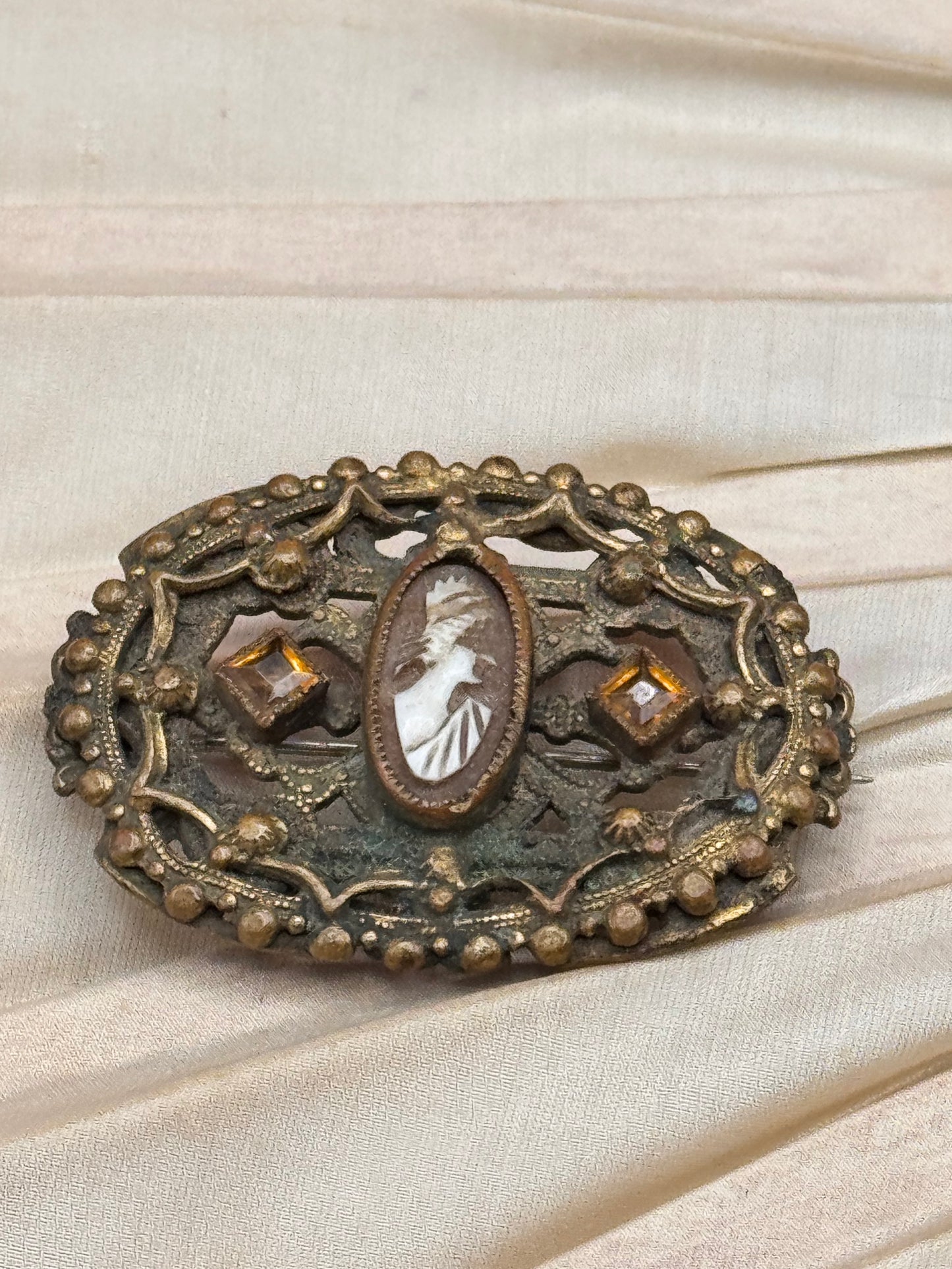 Vintage Cameo Brooch Filigree Brown Rhinestone Victorian Style Goldtone 1.6”