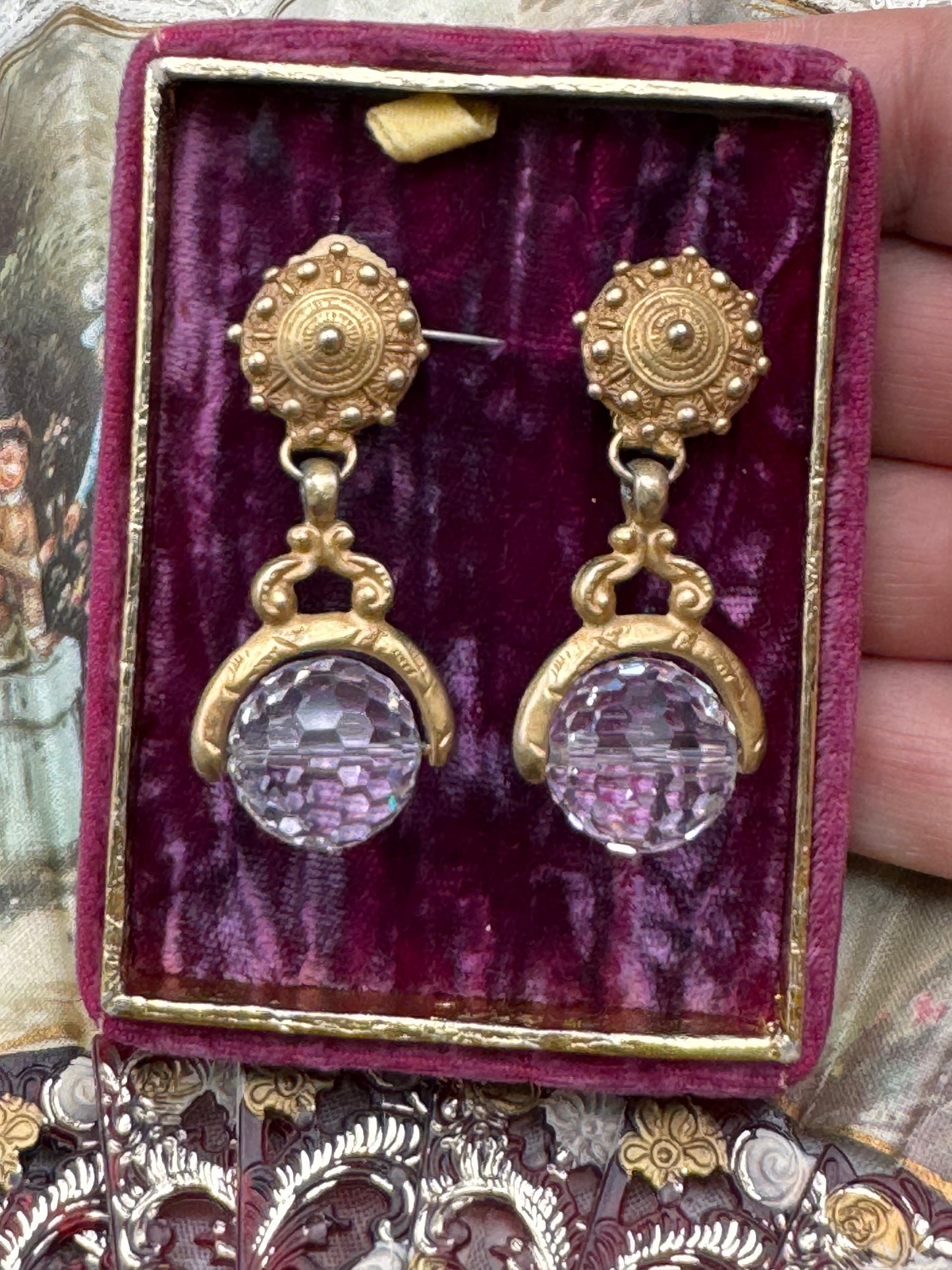 Vintage Etruscan Revival Clip On Dangle Earrings Goldtone Crystal Orb 2”