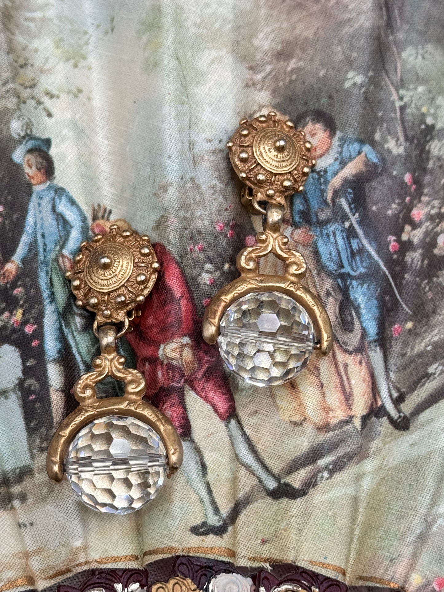 Vintage Etruscan Revival Clip On Dangle Earrings Goldtone Crystal Orb 2”