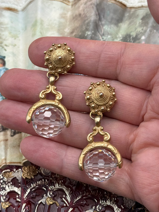 Vintage Etruscan Revival Clip On Dangle Earrings Goldtone Crystal Orb 2”