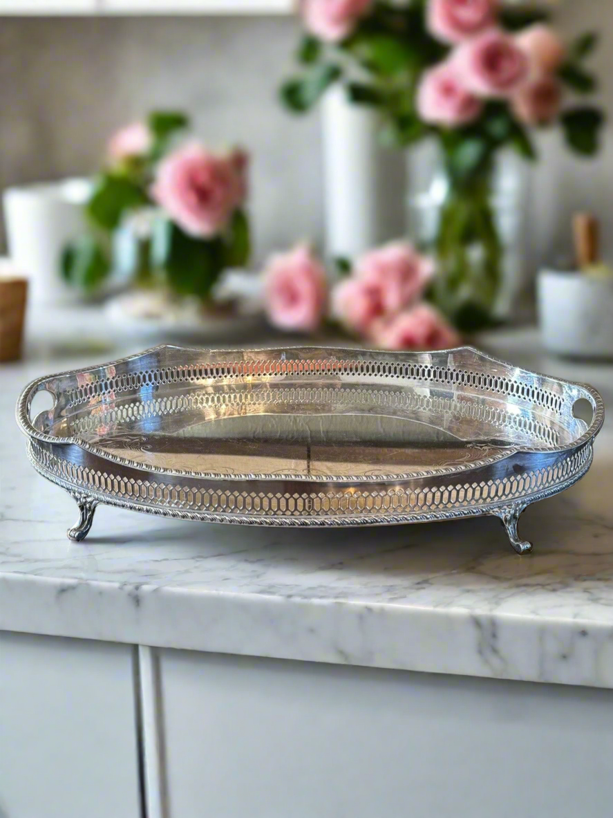 Silverplate Footed Gallery Tray Serpentine Edge Chased by WALLACE