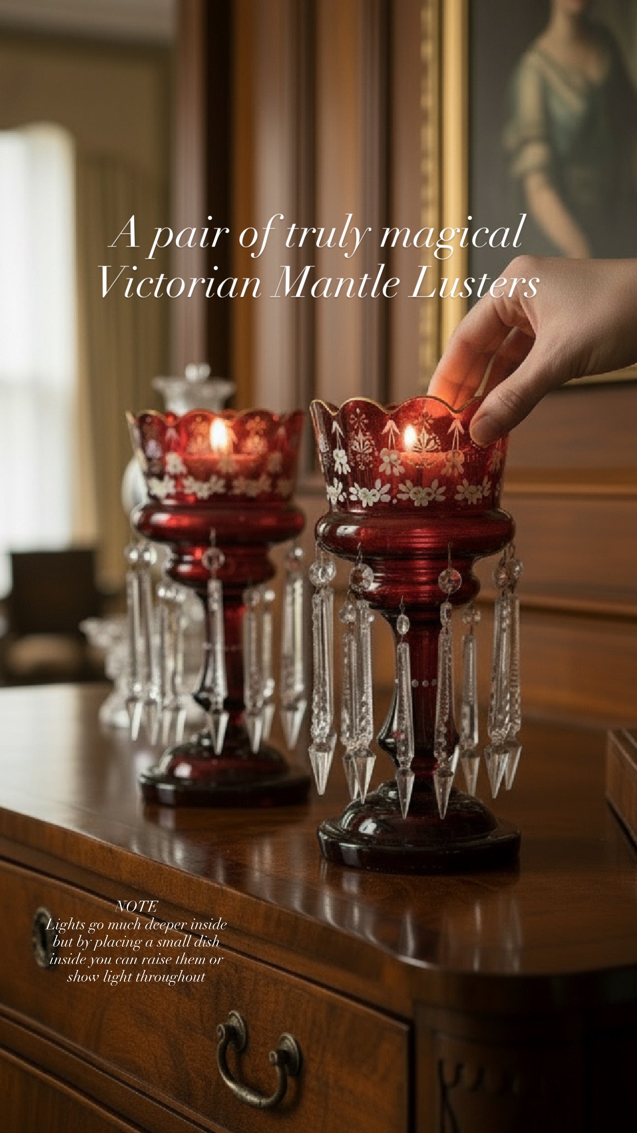 Pair of Victorian Cranberry Glass Mantle Lusters with Prisms – 15” Antique