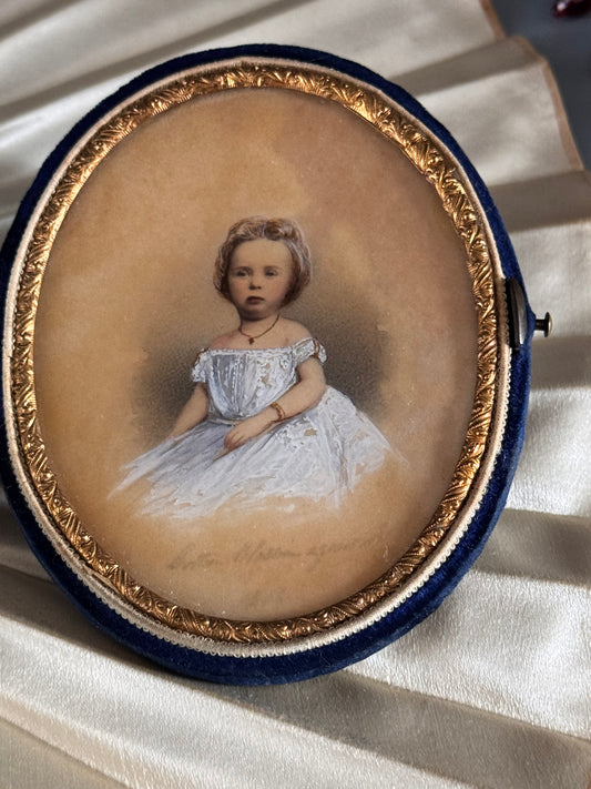 Mid-Victorian Child Portrait Miniature Circa 1854 “Portrait Elizabeth Aged …” in Original Velvet Case