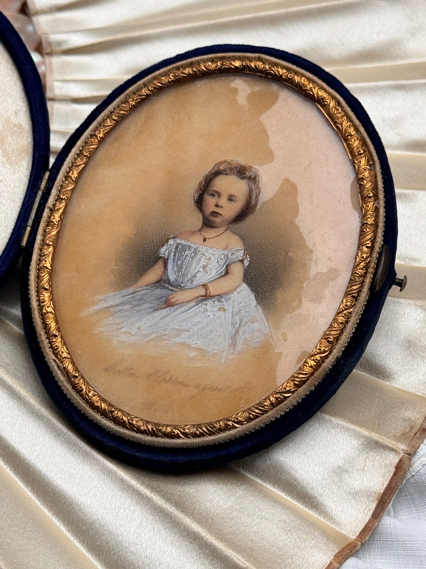 Mid-Victorian Child Portrait Miniature Circa 1854 “Portrait Elizabeth Aged …” in Original Velvet Case