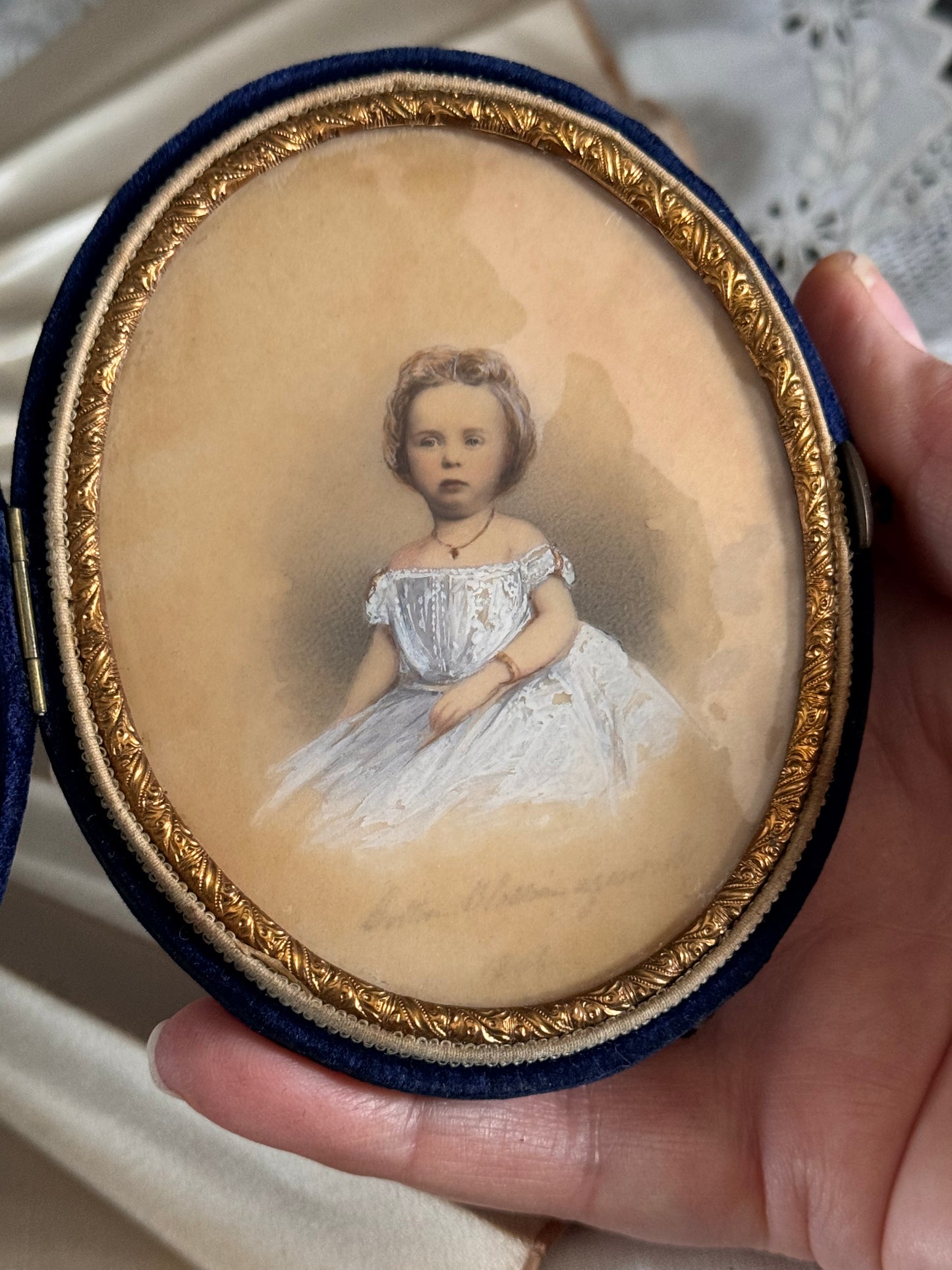 Mid-Victorian Child Portrait Miniature Circa 1854 “Portrait Elizabeth Aged …” in Original Velvet Case