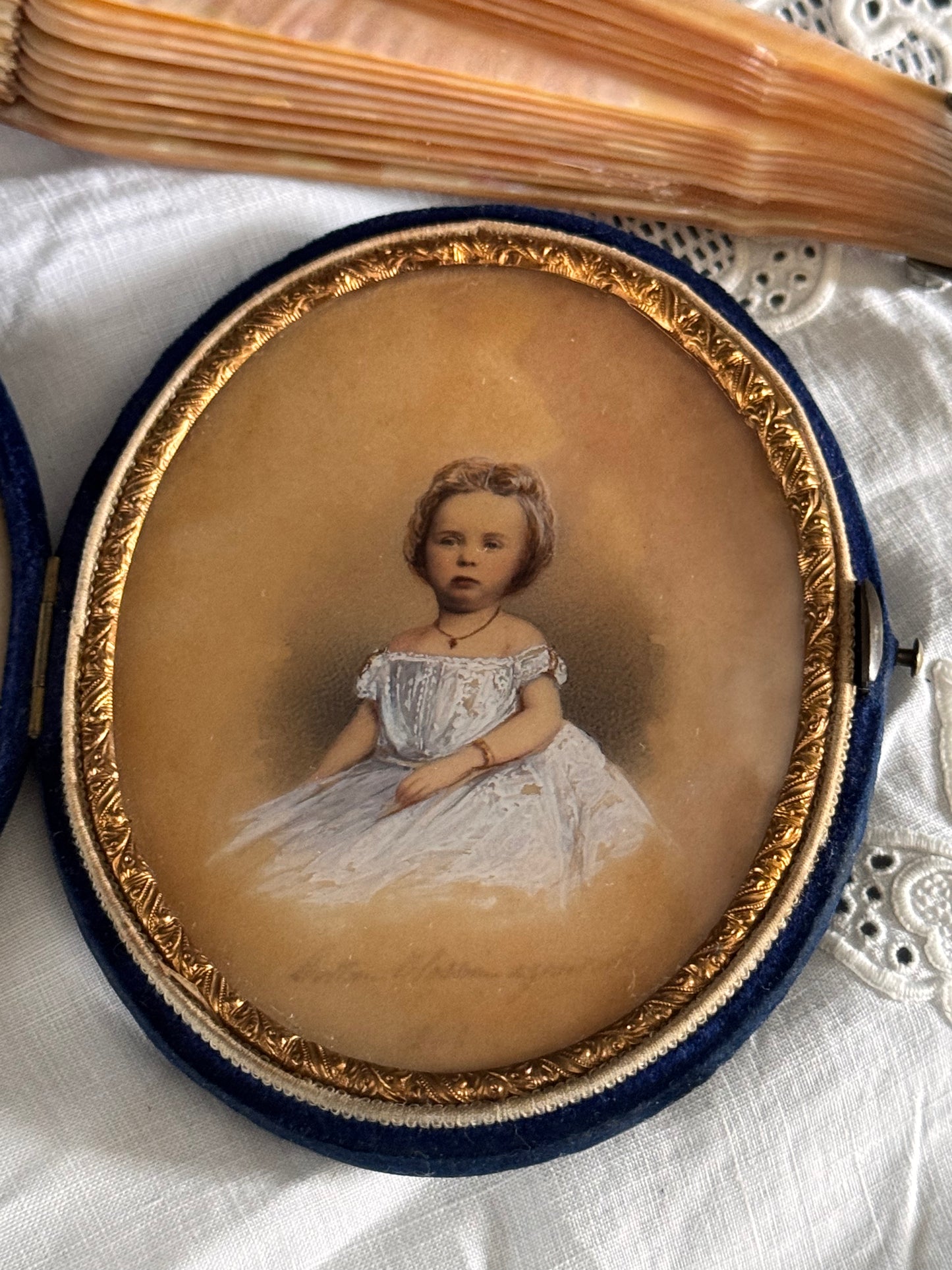 Mid-Victorian Child Portrait Miniature Circa 1854 “Portrait Elizabeth Aged …” in Original Velvet Case