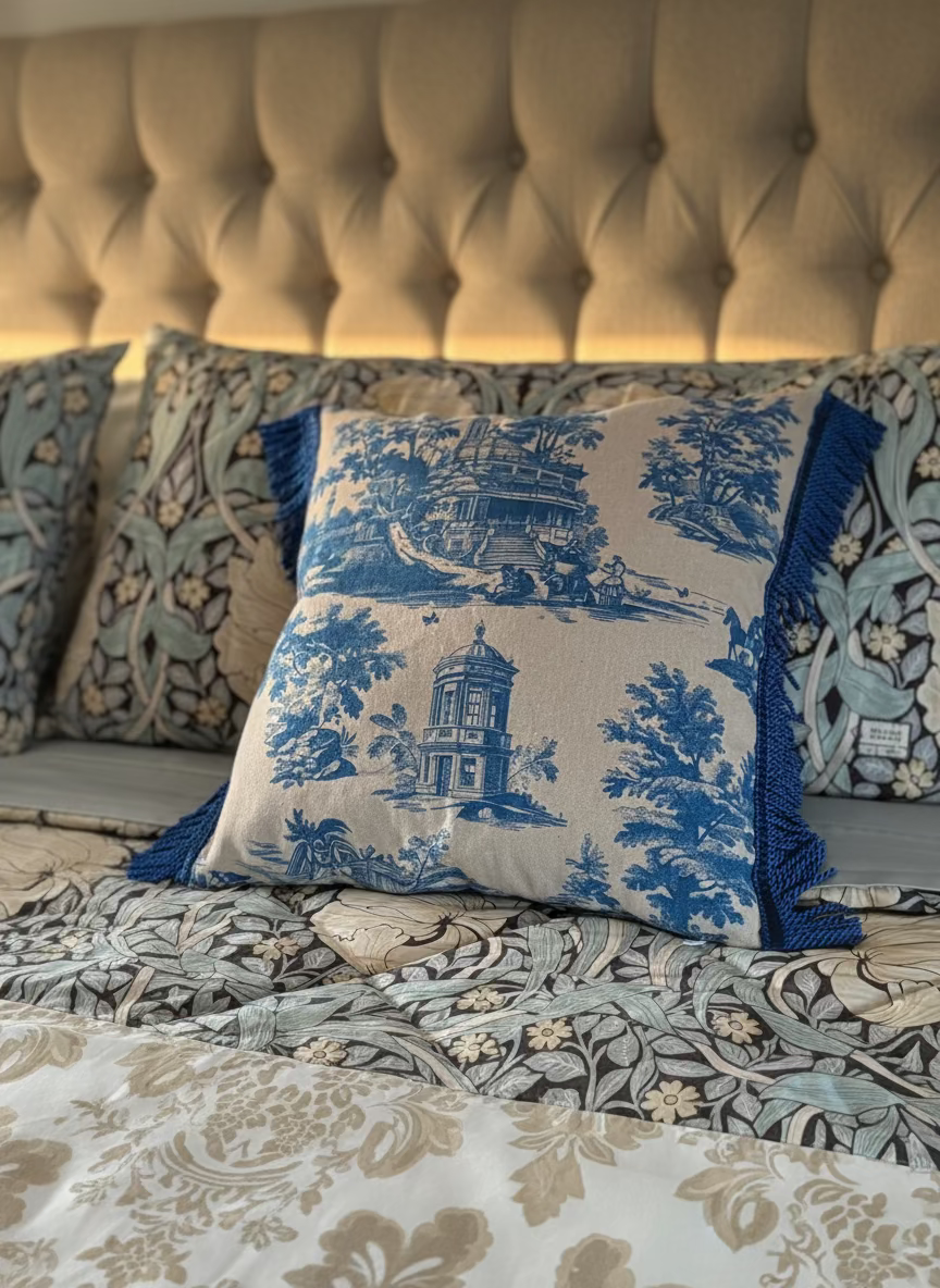 1 x Electric Blue Toile de Jouy Fringe Throw Pillow Cover – The Marialva Textile Atelier
