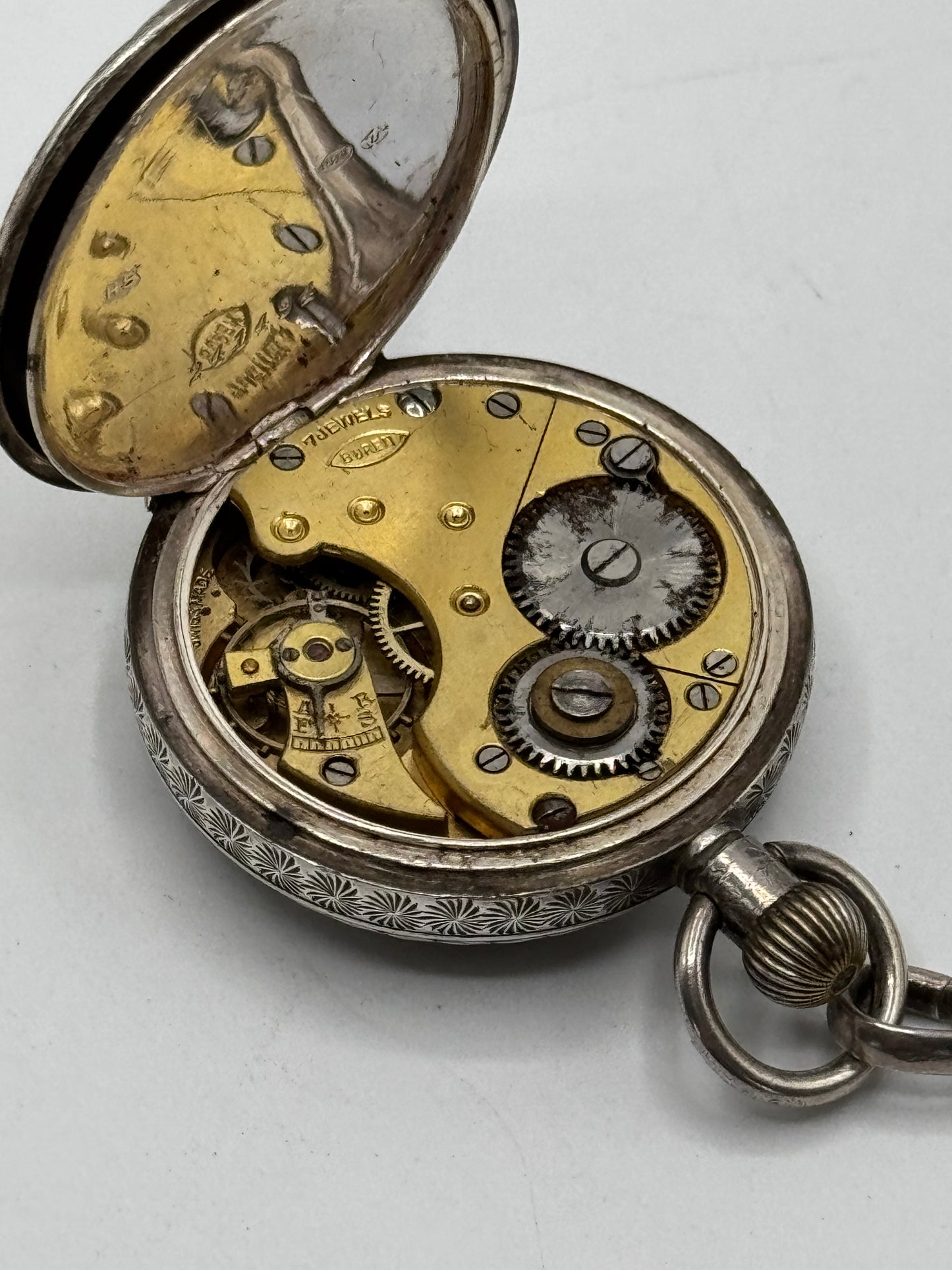Antique STERLING 7 ARM CHATELAINE Ladies Pocket Watch Heart Locket Nail Set Notebook Telescopic Pencil Perfume Bottle Scissor Holder by GEORGE W. Schiebler