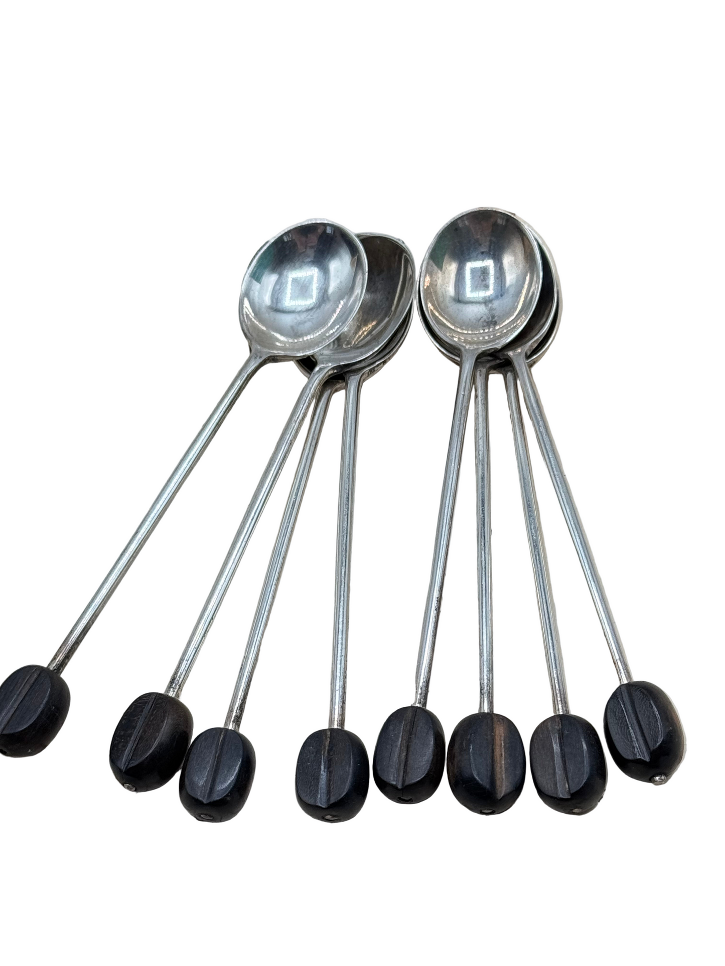 1930s 8 Sterling Demitasse Spoon Set  Coffee Bean Finial ENGLAND Hallmarked