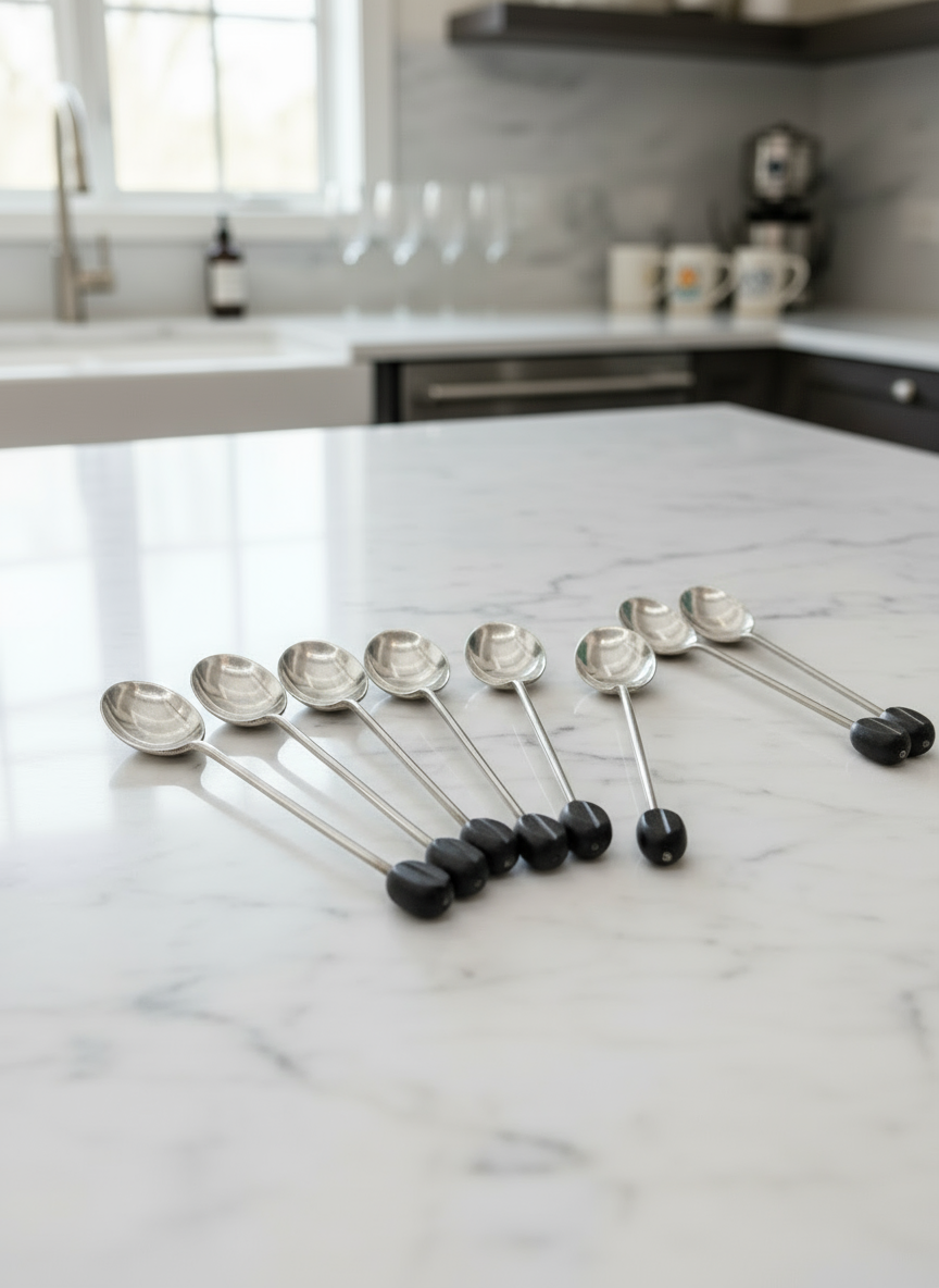 1930s 8 Sterling Demitasse Spoon Set  Coffee Bean Finial ENGLAND Hallmarked