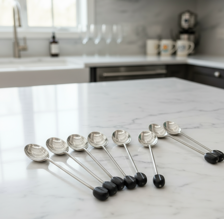 1930s 8 Sterling Demitasse Spoon Set  Coffee Bean Finial ENGLAND Hallmarked