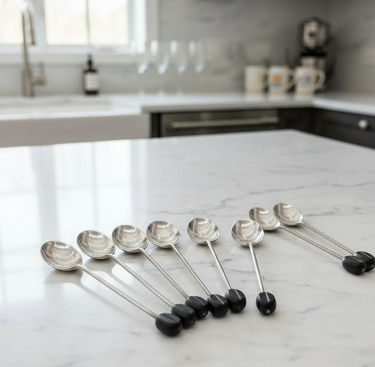 1930s 8 Sterling Demitasse Spoon Set  Coffee Bean Finial ENGLAND Hallmarked