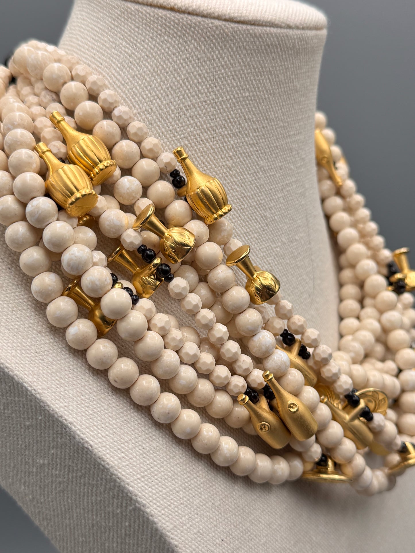 Italian Designer Style Multi-Strand Necklace Wine Bottle, Glass & Plate Charms EXQUISITE