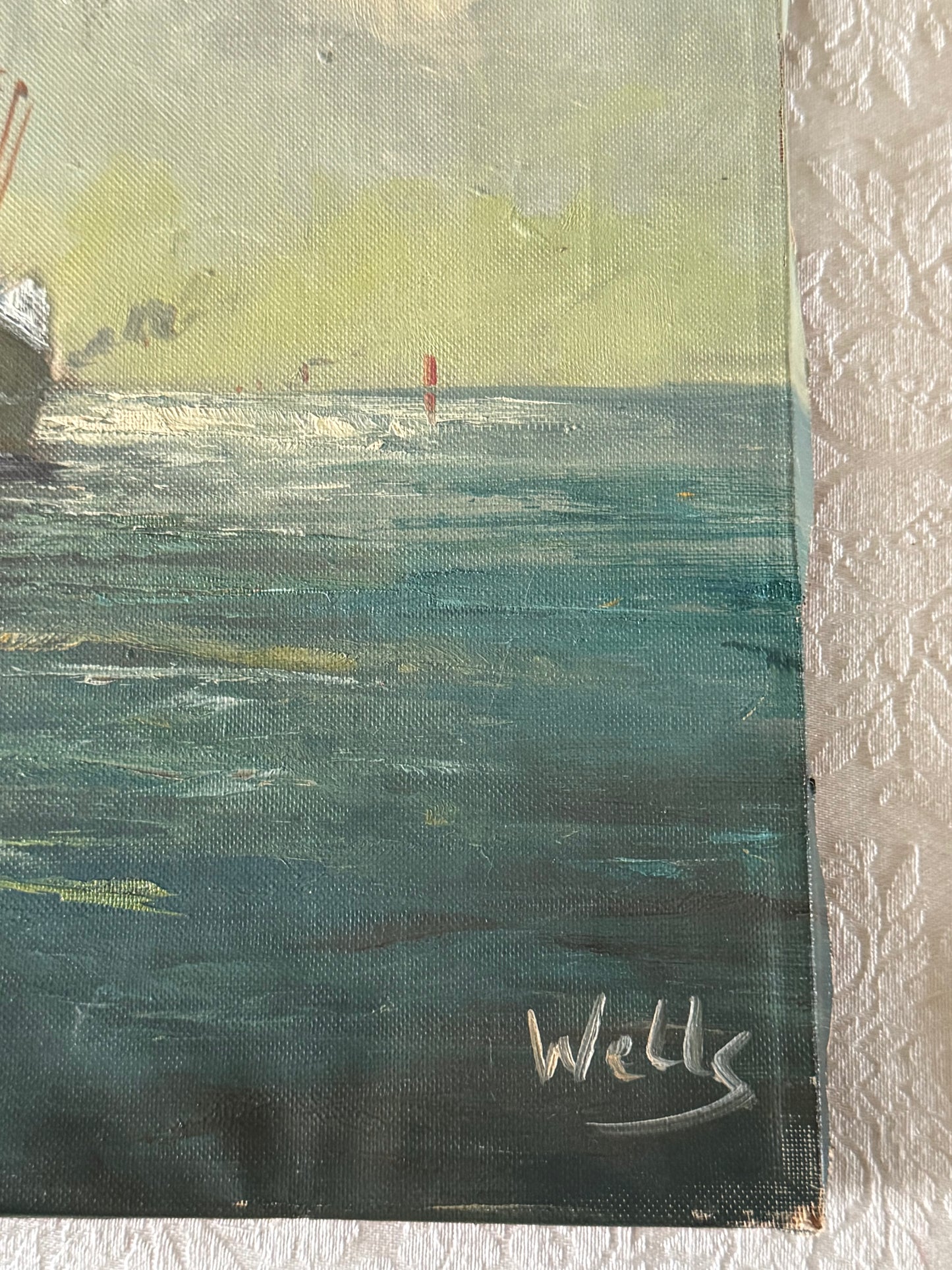Vintage Marine Oil Painting Ship Nautical Seascape Signed Wells 20x16” Canvas