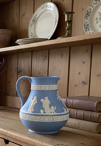Vintage Blue Wedgwood Jasperware Neoclassical Scene 5" Pitcher SIGNED Wedgwood