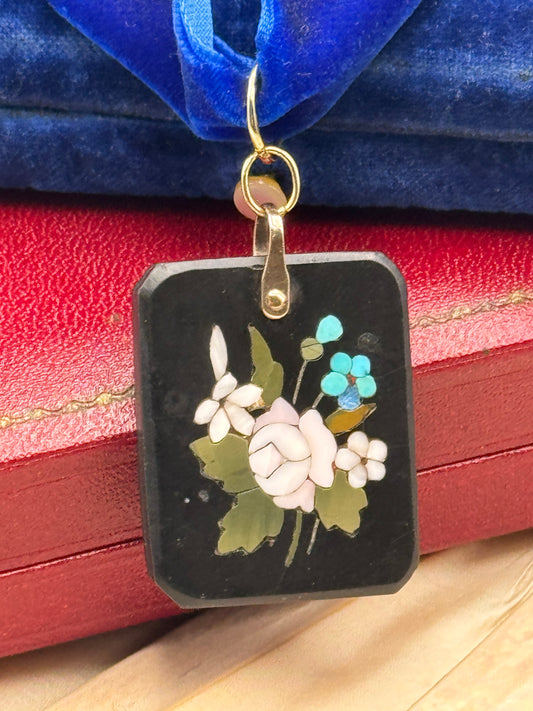 Pietra Dura Pendant Floral Inlay Italian Stone Mosaic Black Base 1.25” x 1”