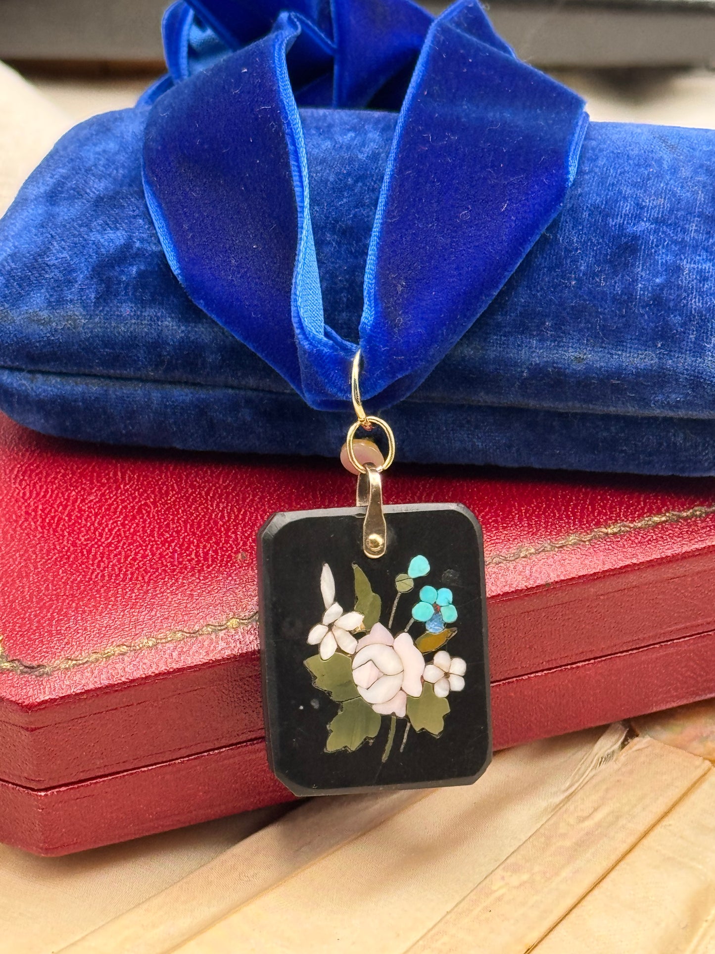 Pietra Dura Pendant Floral Inlay Italian Stone Mosaic Black Base 1.25” x 1”
